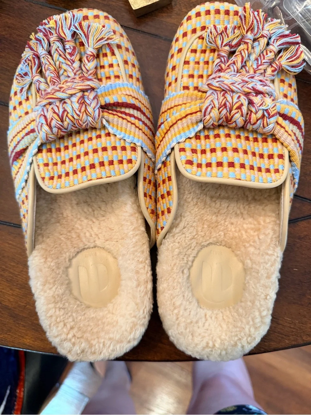 Women’s Multicolor Woven Moccasin Slippers - Cream Fleece Lining - Picture 1 of 4